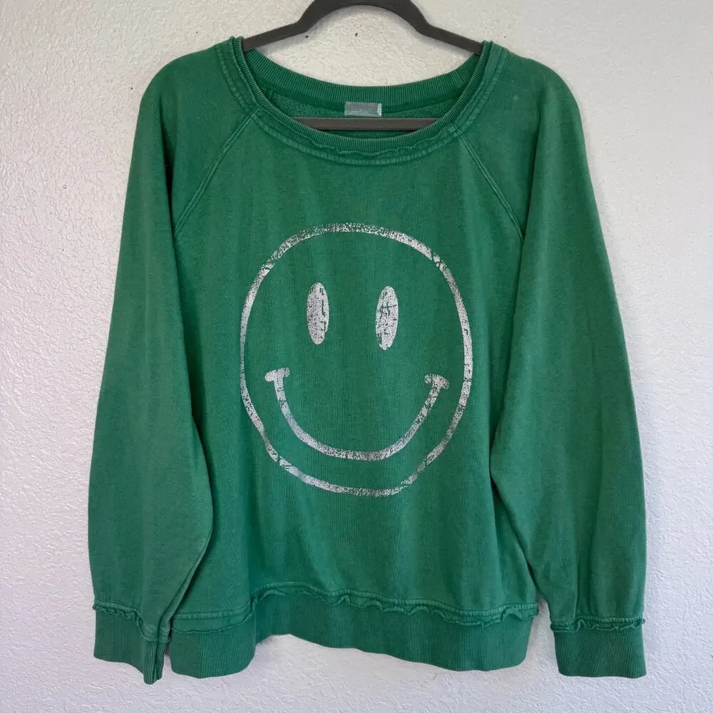 Free People Smiley Face Sweatshirt Women Small FP Movement Sweater Green Burnout